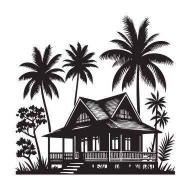 Tropik ev silueti vektör illüstrasyon cennet kaçış adası tasarımı