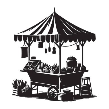 Yemek arabası, siluet vektör illüstrasyon sokak satış işi yapıyor.