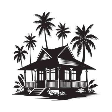 Plajdaki Tropikal Ev Palm Trees Vektör İllüstrasyon Tasarımı