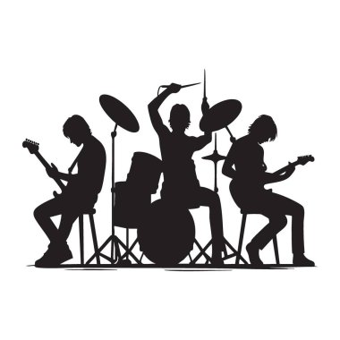 Siluet Rock Müzik Grubu Sahne Davulcusu ve Gitaristleri Grafikleri