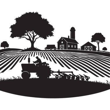Traktör Siluet Vektör Resimlendirme Manzaralı Çiftlik Sahnesi