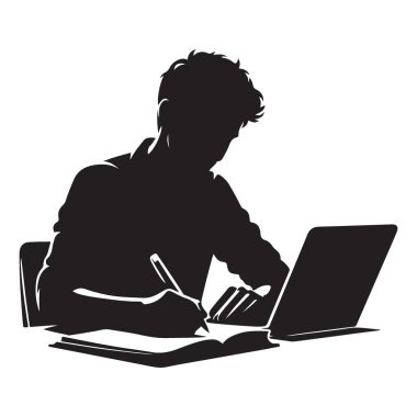 Siluet Öğrencisi Bilgisayarda Çalışıyor ve İnternetten Not Alıyor