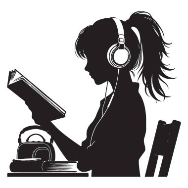 Kulaklıklı Kız Silueti ve İçecek Vektörü İllüstrasyonu