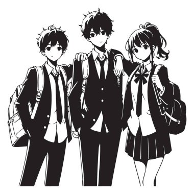 Anime Okulu Öğrencileri Siluet Çizimi Genç Vektör Sanatı