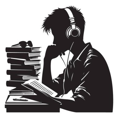 Kitap ve Müzik Vektörü İllüstrasyonuna daldırılmış Öğrenci Silueti