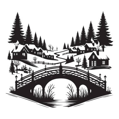 Kış Köyü Peyzaj Silueti ve Karlı Köprü Resimleri