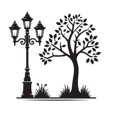 Park Sahnesinde Lamba Posta ve Ağacının Vektör Silueti