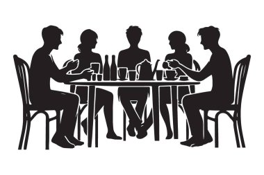 Masa siluetindeki resimli insanlar çay saatinin tadını çıkarıyorlar.