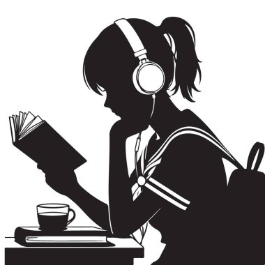 Siluet Anime Liseli Kız Kulaklıklı ve Kahveli Kitap Okuyor