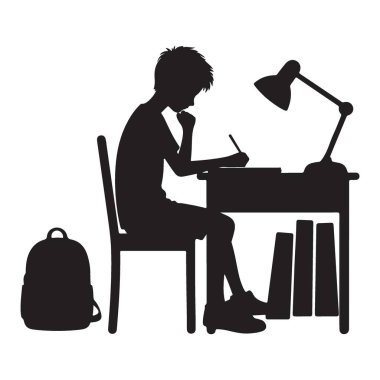 Siluet Öğrencisi Lamba ve Sırt Çantası ile Masada Çalışıyor