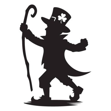 Leprikon Siluet Vektör İllüstrasyonu ile Shamrock ve Cane