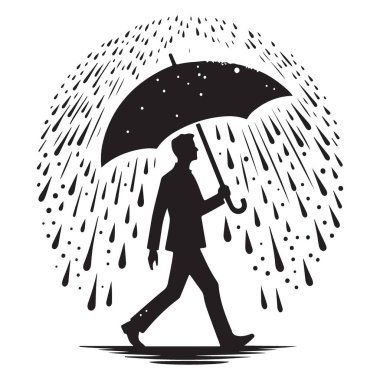 Yağmur vektörü illüstrasyonunda şemsiye altında yürüyen bir adamın silüeti