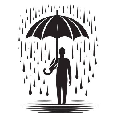 Yağmurlu vektör sanatında şemsiye tutan bir adamın silüeti.