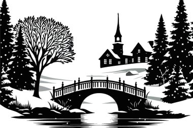 Kış manzarası çizimi. Kar manzaralı sakin köprü.