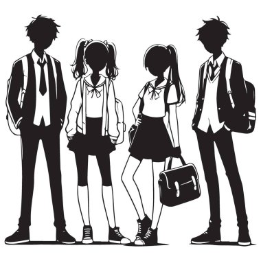 Üniformalı Asyalı lise öğrencilerinin silueti Vektör İllüstrasyonu