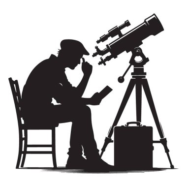Siluet yıldız gözlemcisi teleskop ve öğrenme aygıtıyla gök cisimlerini düşünüyor