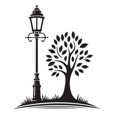 Klasik Siluet Sokak Lambası Ağaç Vektörü İllüstrasyon Tasarımı