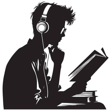 Kulaklıkla müzik dinlerken kitap okuyan öğrencinin silueti