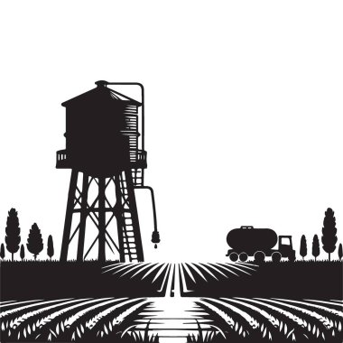 Su Kulesi ve Yakıt Kamyonlu Çiftlik Sahnesi Silueti