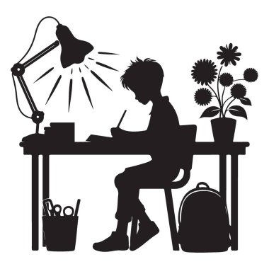 Genç Öğrenci Silueti Lamba Çizim Vektörüyle Masada Çalışıyor