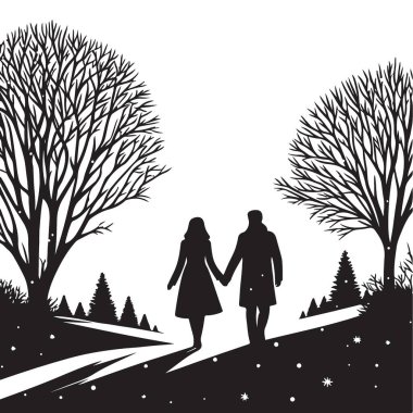 Romantik Çift Yürüyen Kış Manzarası Görüntü Görüntü Vektörü