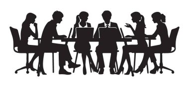 Konferans masasında çalışan iş adamlarının silueti.