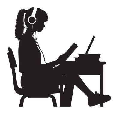 Siluet Öğrenci İllüstrasyonunu Kulaklıklar ve Bilgisayarla İnceleme