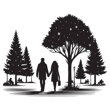 Romantik Çift El ele tutuşuyor Park Siluet Vektörü Grafiksel