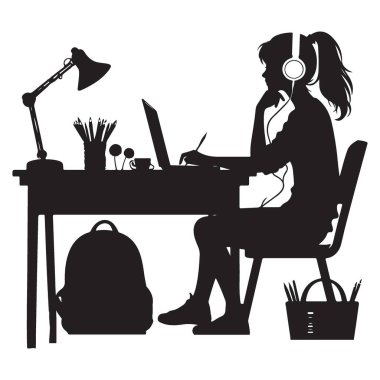 Kız Çizim Vektörü Siyah Siluet Çalışma Alanı Tasarımı İnceleniyor