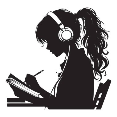 Kız Siyah Siluet Vektör Defter Çizimi Tasarımı Yazıyor