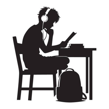 Masa resimlerinde kulaklıkla çalışan bir öğrencinin silüeti.