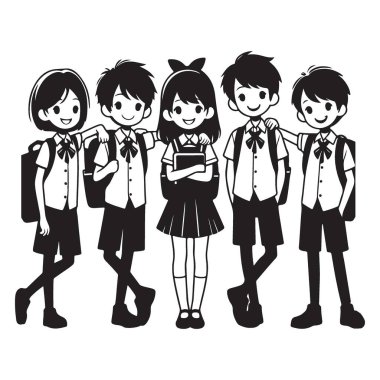 Okul Çocukları Dostluk İllüstrasyon Vektör Tasarımı Siyah ve Beyaz