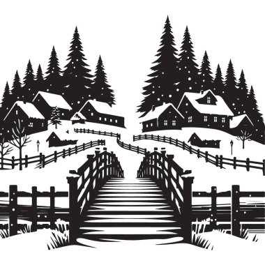 Siluet Kış Köyü Karlı Köprü Vektör Manzara Çizimi Tasarımı