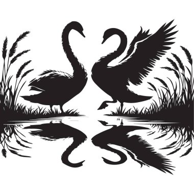 Siluet Zarif Kuğular Yansıma Vektörü Resimleri Serene Kuş Tasarımı