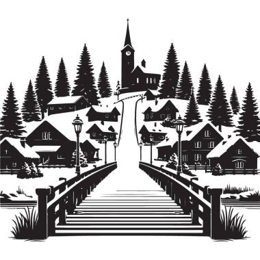 Kış Köyü Sahne Vektörü Görüntü: Kilise ve Köprü