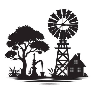 Siluet Ülke Çiftlik Peyzajı Yel Değirmeni Vektörü Grafik Tasarımı