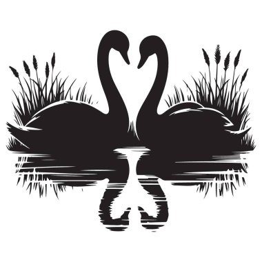 Romantik Kuğular Siluet Suyun Yansıması Üzerine Şekil Veren Kalp