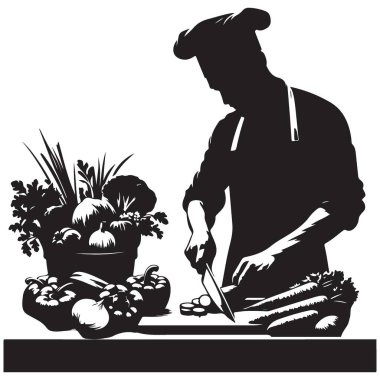 Mutfak Şefi Silueti Lezzetli Sebze Vektörü İllüstrasyonu Hazırlıyor