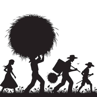 Çiftçilik Ailesinin Silueti Saman Bale Vektör İllüstrasyonu