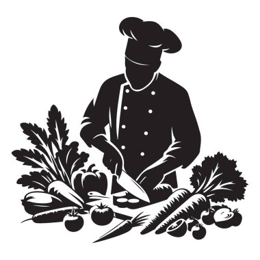 Siluet Şefi Mutfak Yemeklerini Hazırlıyor Çizim Vektörü