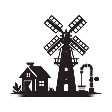 Kırsal Çiftlik Manzarası Çizimleriyle Yel Değirmeni Silueti