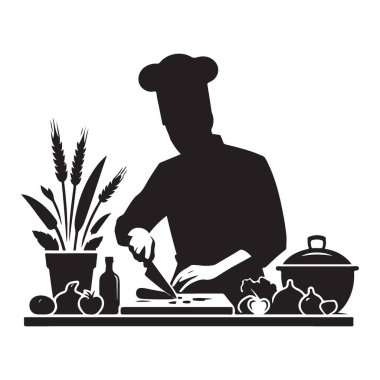 Şef Yemek Hazırlıyor Silüet Vektör Resim Mutfağı Başyapıtı