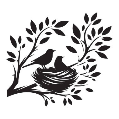 Yuva Siluetindeki Kuşlar Vektör Yumuşak Doğa Sahnesi Çizimi