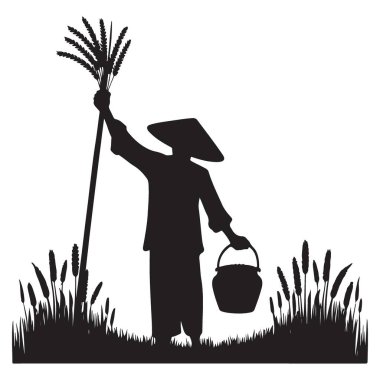 Siluet Çiftçisi Pirinç İllüstrasyon Tarım Sanatı Tasarımı Hasadı