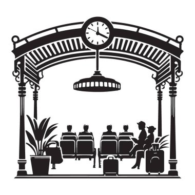 Siyah ve Beyaz Siluet Vektör Tren İstasyonu Bekleme Odası