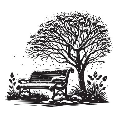 Kış Sahnesi Siluet Benç ve Karlı Ağaç Vektör Sanatı