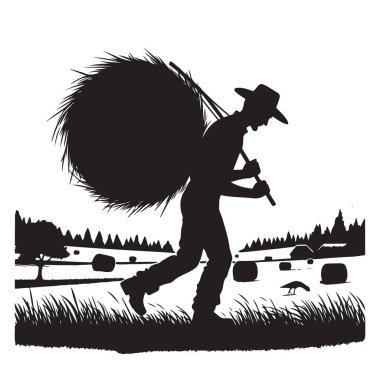 Saman Balyası Taşıyan Çiftçi Silueti Kırsal Tarım İllüstrasyonu