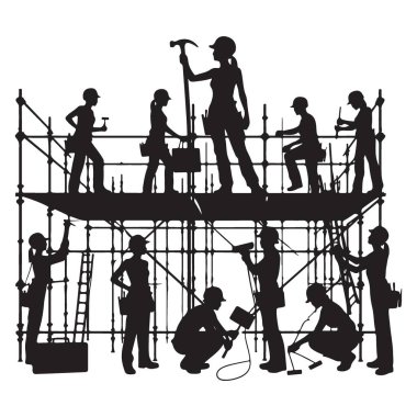 Kadın İnşaat İşçilerinin Silueti Takım Vektör İllüstrasyonu