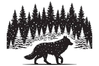 Karlı Çam Ormanı 'nın ortasında Görkemli Kurt Silueti Vektörü
