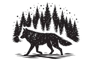 Kış Ormanında Görkemli Kurt Silueti Vahşi Doğa Vektör Sanatı